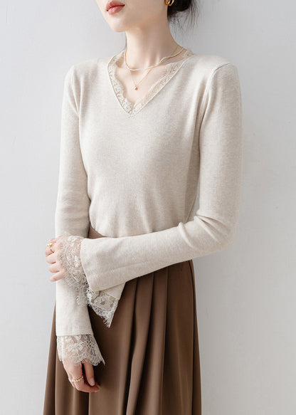 French White V Neck Lace Patchwork Knit Top Flare Sleeve