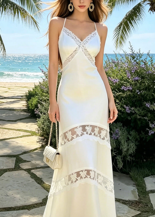 French White V Neck Lace Patchwork Silk Spaghetti Strap Dress Summer