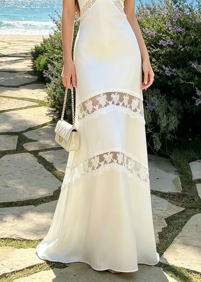 French White V Neck Lace Patchwork Silk Spaghetti Strap Dress Summer