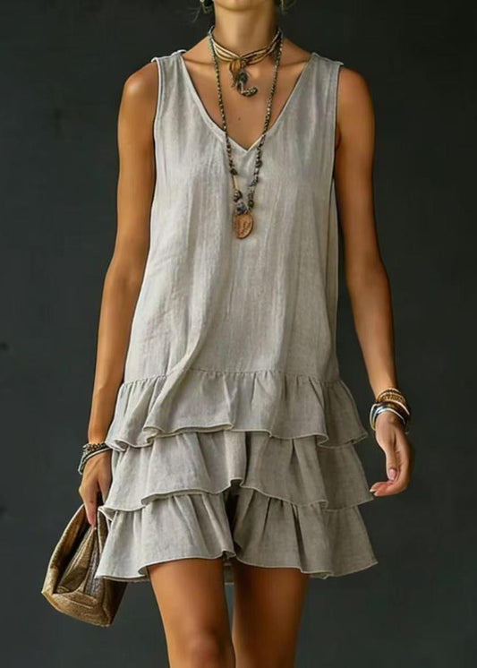 French White V Neck Layered Cotton Mini Drss Sleeveless