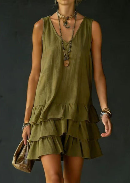 French White V Neck Layered Cotton Mini Drss Sleeveless