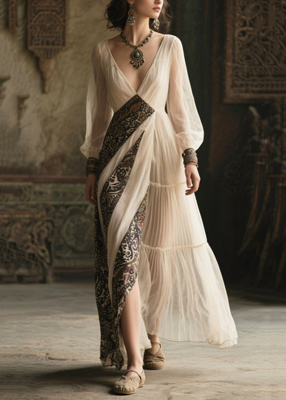 French White V Neck Patchwork Chiffon Ankle Dress Summer