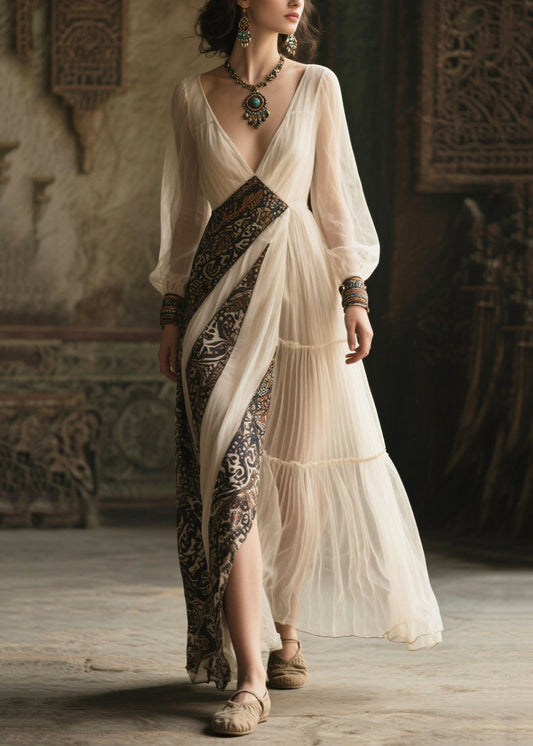 French White V Neck Patchwork Chiffon Ankle Dress Summer