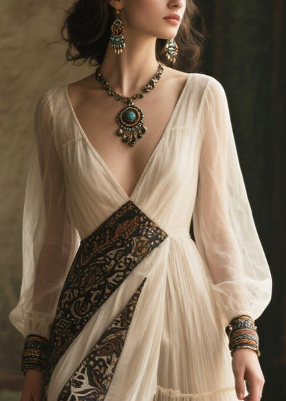 French White V Neck Patchwork Chiffon Ankle Dress Summer