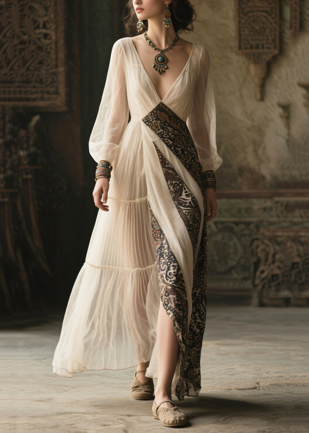 French White V Neck Patchwork Chiffon Ankle Dress Summer