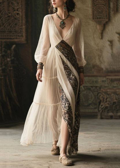 French White V Neck Patchwork Chiffon Ankle Dress Summer