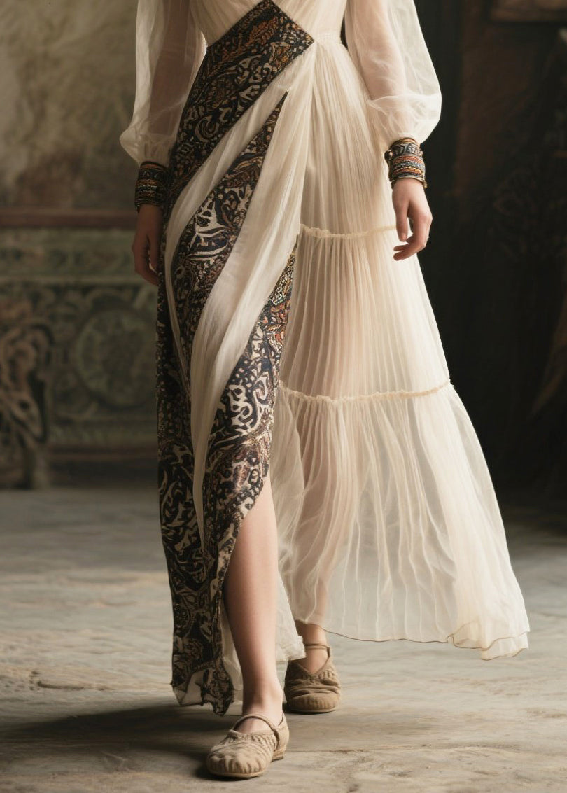 French White V Neck Patchwork Chiffon Ankle Dress Summer