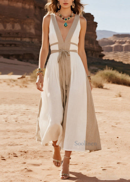 French White V Neck Patchwork Cotton Holiday Dress Summer