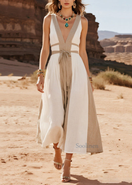 French White V Neck Patchwork Cotton Holiday Dress Summer