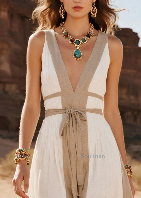 French White V Neck Patchwork Cotton Holiday Dress Summer