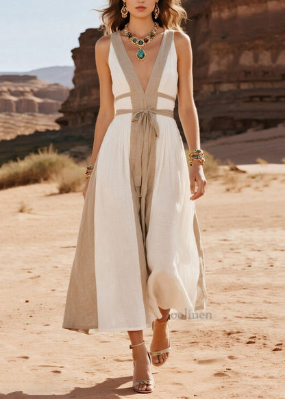 French White V Neck Patchwork Cotton Holiday Dress Summer