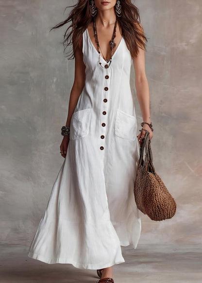 French White V Neck Pockets Patchwork Cotton Long Dresses Sleeveless