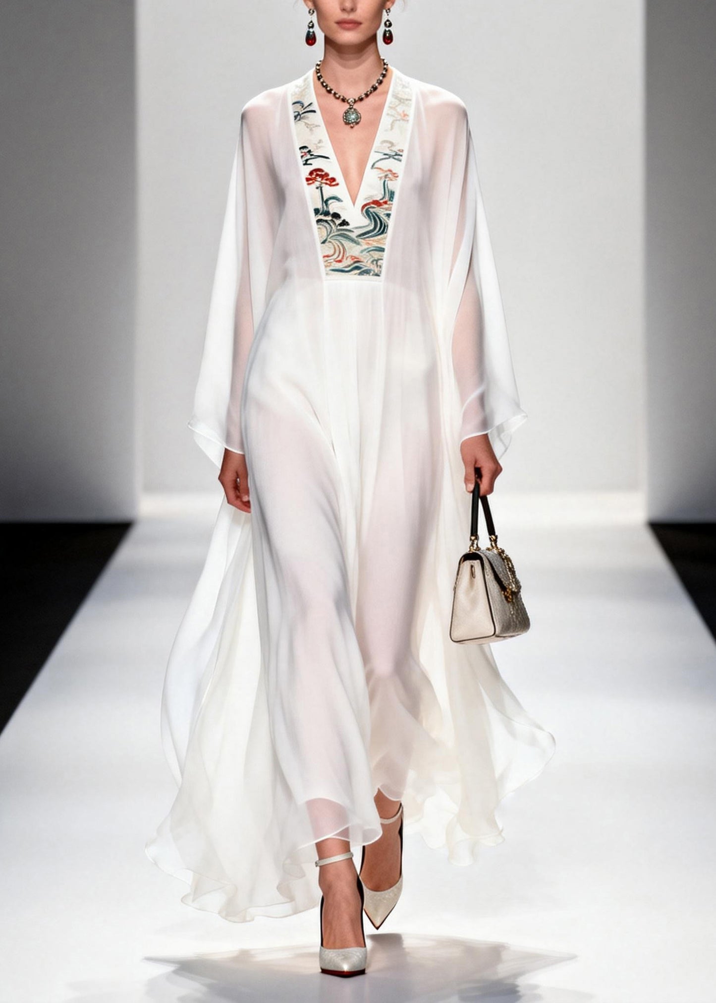 French White V Neck Print Chiffon Long Dresses Summer
