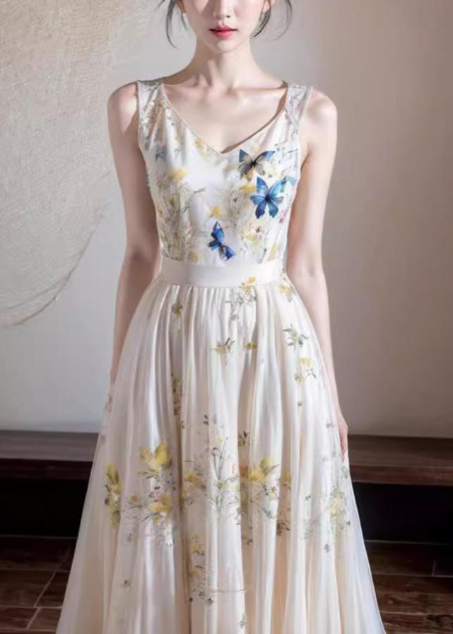 French White V Neck Print Cotton Long Dresses Sleeveless