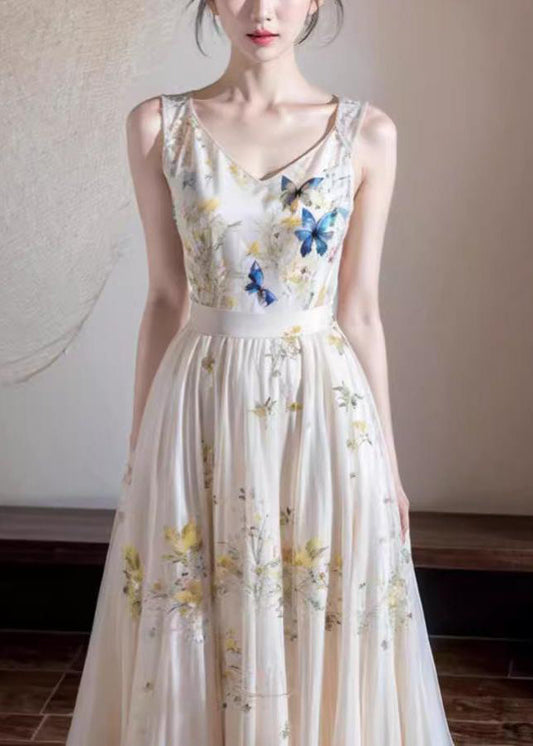 French White V Neck Print Cotton Long Dresses Sleeveless