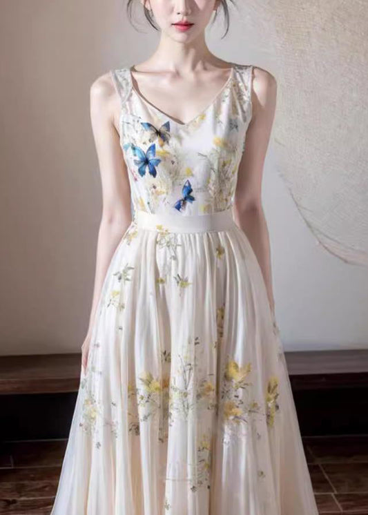 French White V Neck Print Cotton Long Dresses Sleeveless