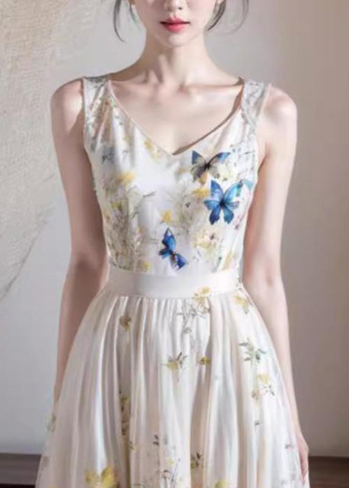 French White V Neck Print Cotton Long Dresses Sleeveless