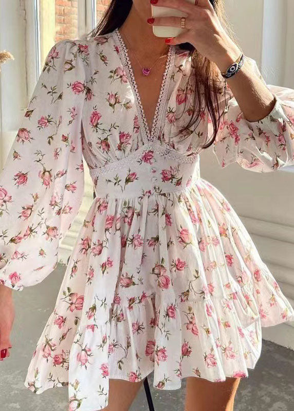 French White V Neck Print Cotton Mini Dress Long Sleeve