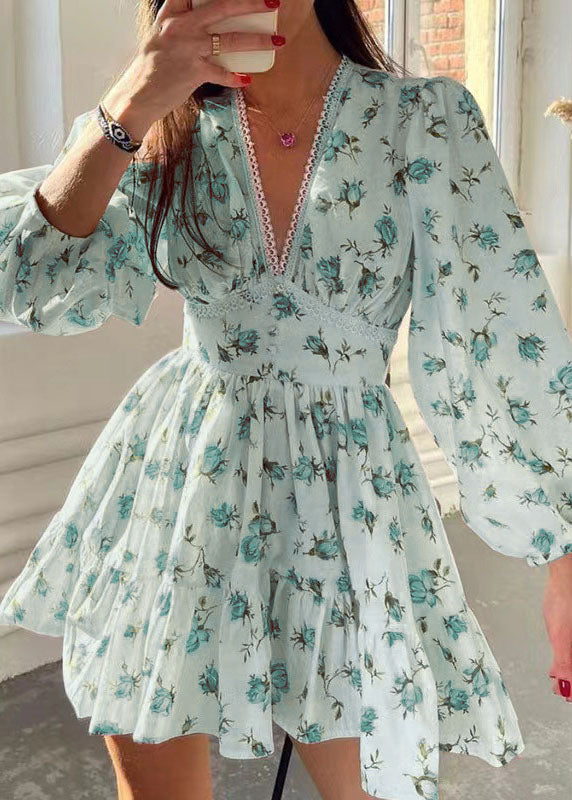 French White V Neck Print Cotton Mini Dress Long Sleeve