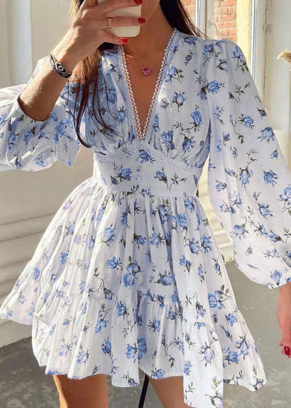French White V Neck Print Cotton Mini Dress Long Sleeve