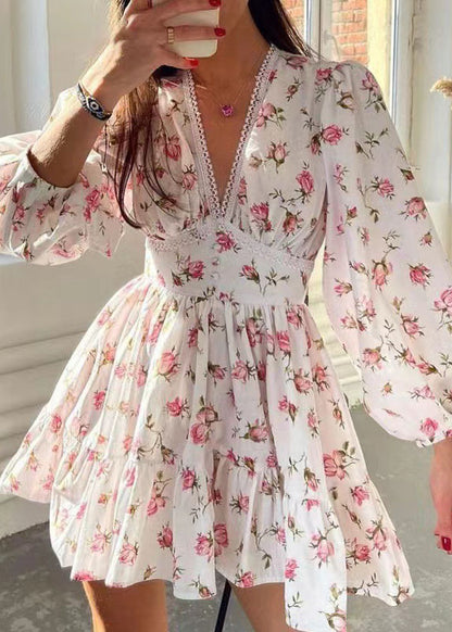 French White V Neck Print Cotton Mini Dress Long Sleeve