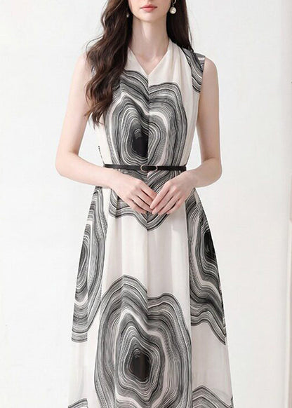 French White V Neck Print Sashes Chiffon Maxi Dresses Short Sleeve