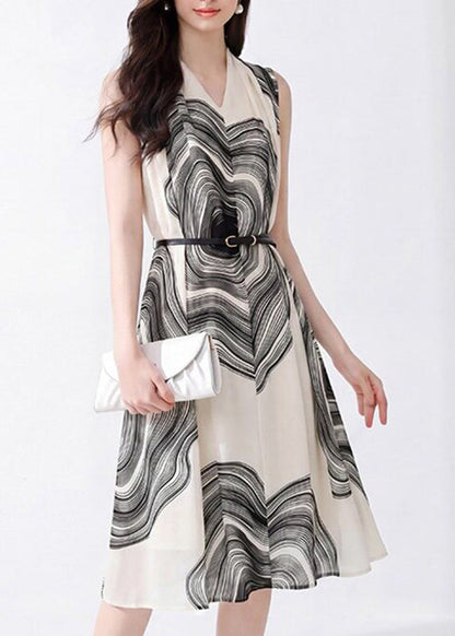 French White V Neck Print Sashes Chiffon Maxi Dresses Short Sleeve