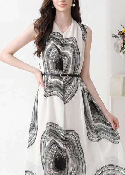 French White V Neck Print Sashes Chiffon Maxi Dresses Short Sleeve