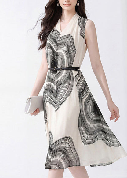 French White V Neck Print Sashes Chiffon Maxi Dresses Short Sleeve