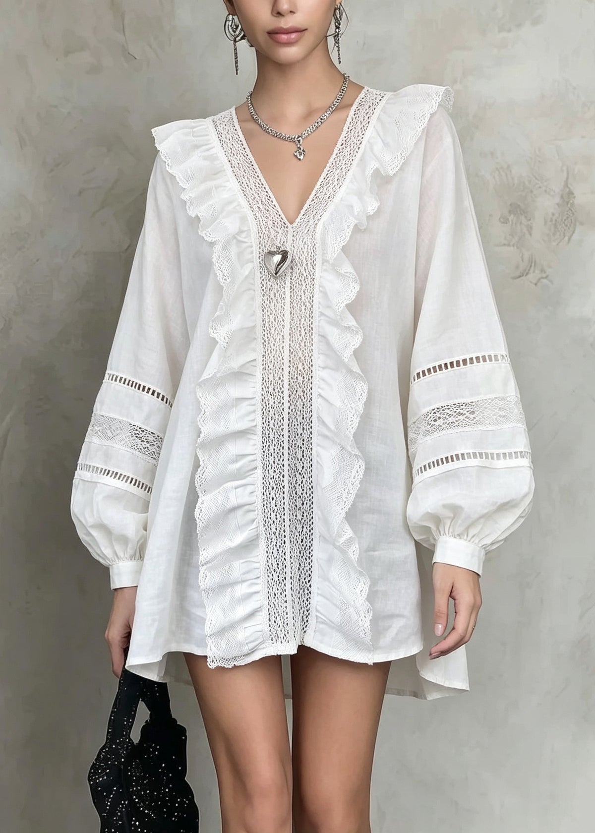 French White V Neck Ruffled Hollow Out Patchwork Cotton Shirt Fall