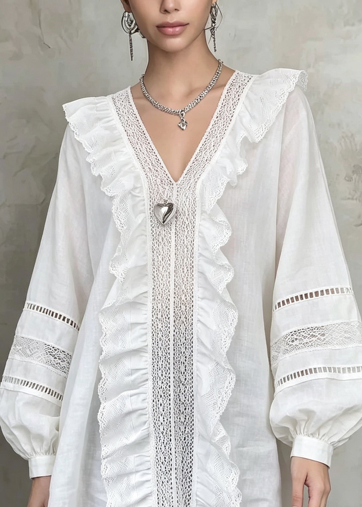 French White V Neck Ruffled Hollow Out Patchwork Cotton Shirt Fall