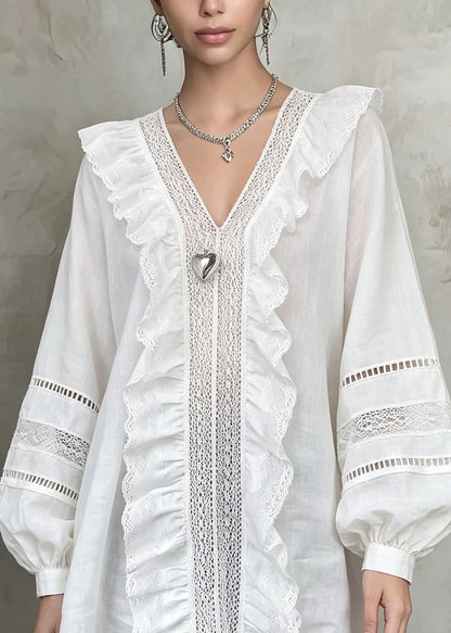 French White V Neck Ruffled Hollow Out Patchwork Cotton Shirt Fall