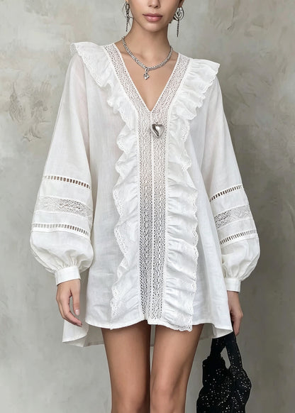 French White V Neck Ruffled Hollow Out Patchwork Cotton Shirt Fall