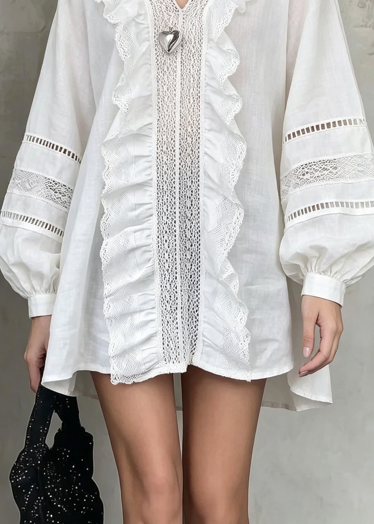 French White V Neck Ruffled Hollow Out Patchwork Cotton Shirt Fall
