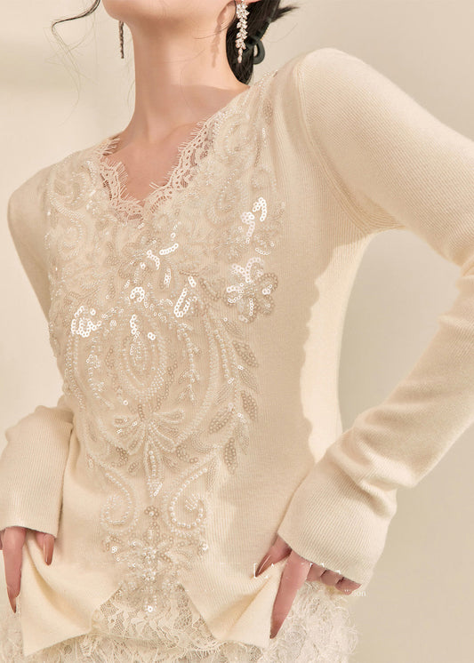 French White V Neck Sequins Lace Patchwork Knit Top Spring