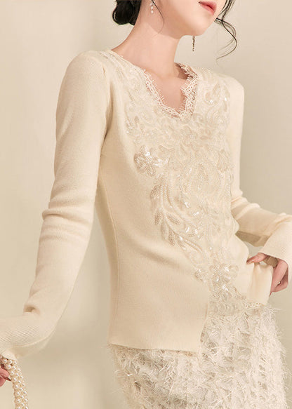 French White V Neck Sequins Lace Patchwork Knit Top Spring