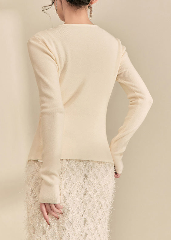 French White V Neck Sequins Lace Patchwork Knit Top Spring