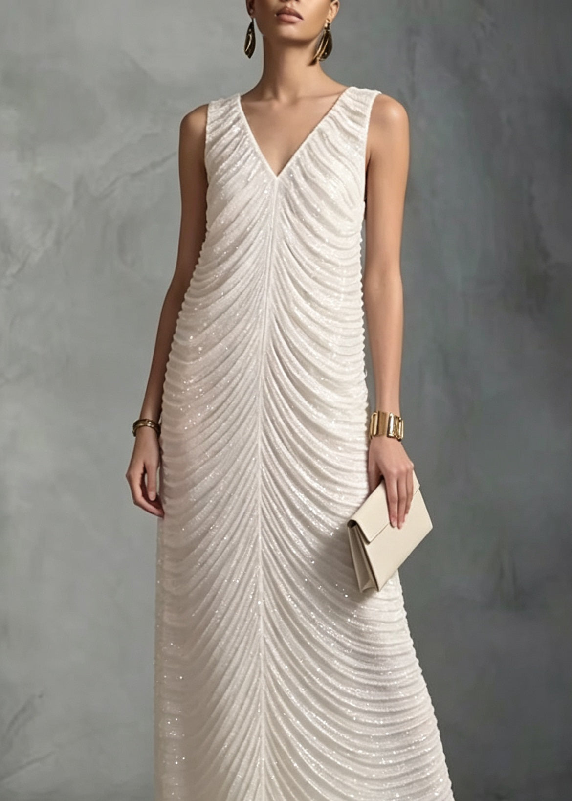French White V Neck Sequins Patchwork Ankle Dress Sleeveless