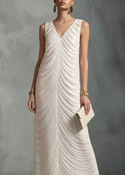 French White V Neck Sequins Patchwork Ankle Dress Sleeveless