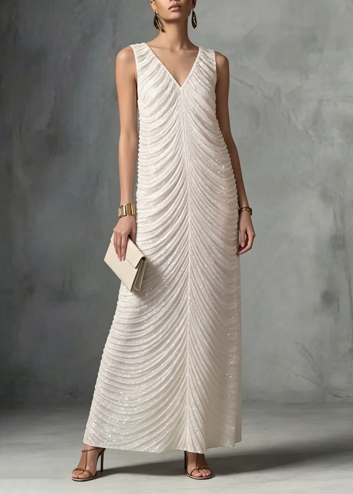 French White V Neck Sequins Patchwork Ankle Dress Sleeveless