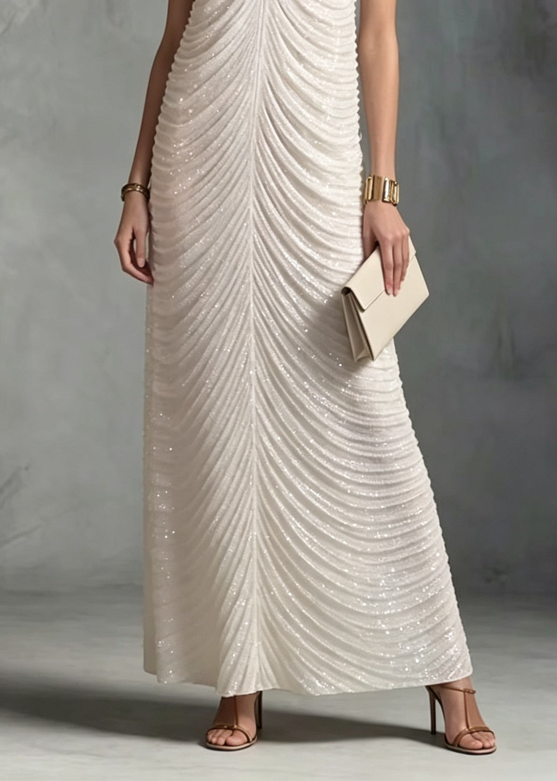 French White V Neck Sequins Patchwork Ankle Dress Sleeveless