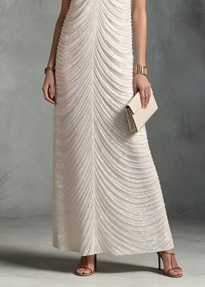 French White V Neck Sequins Patchwork Ankle Dress Sleeveless