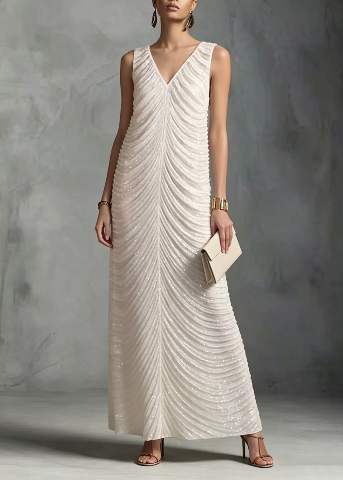French White V Neck Sequins Patchwork Ankle Dress Sleeveless