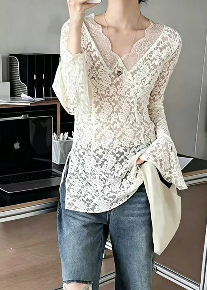 French White V Neck Side Open Hollow Out Lace Top Fall