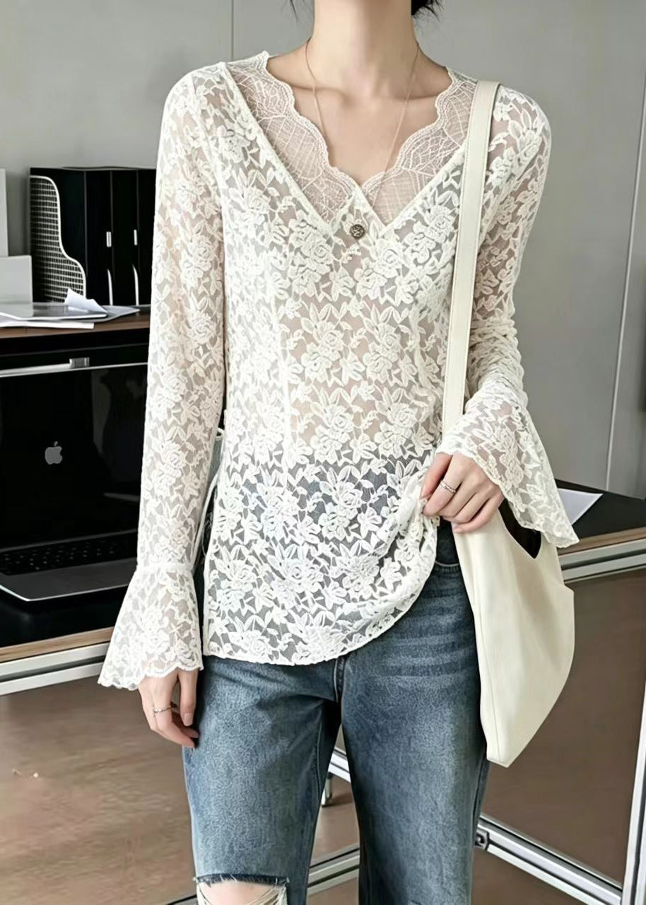 French White V Neck Side Open Hollow Out Lace Top Fall