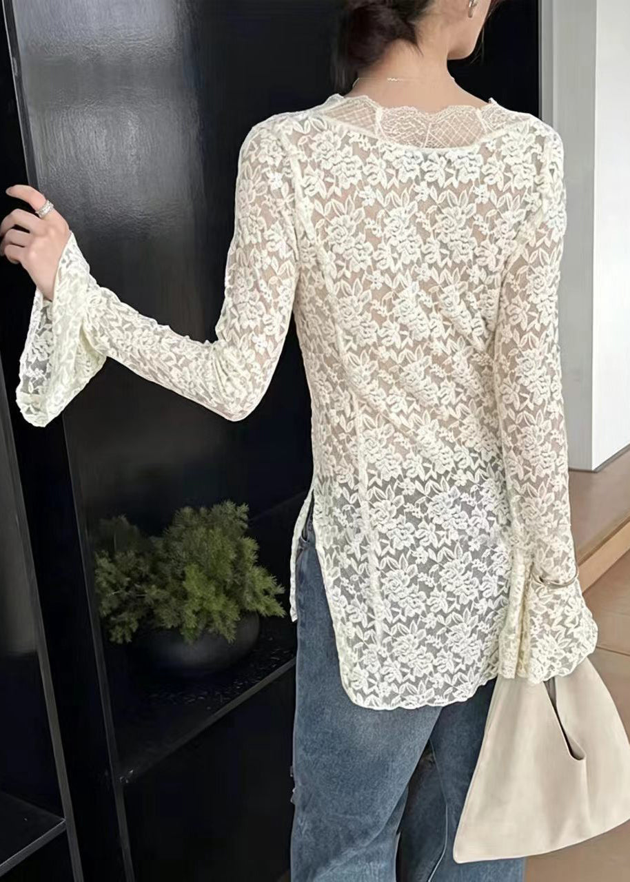French White V Neck Side Open Hollow Out Lace Top Fall