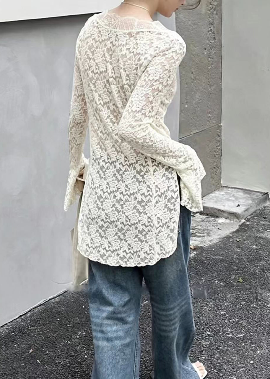 French White V Neck Side Open Hollow Out Lace Top Fall