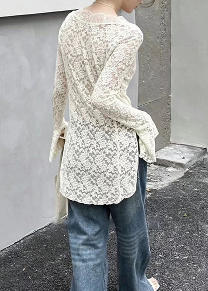 French White V Neck Side Open Hollow Out Lace Top Fall
