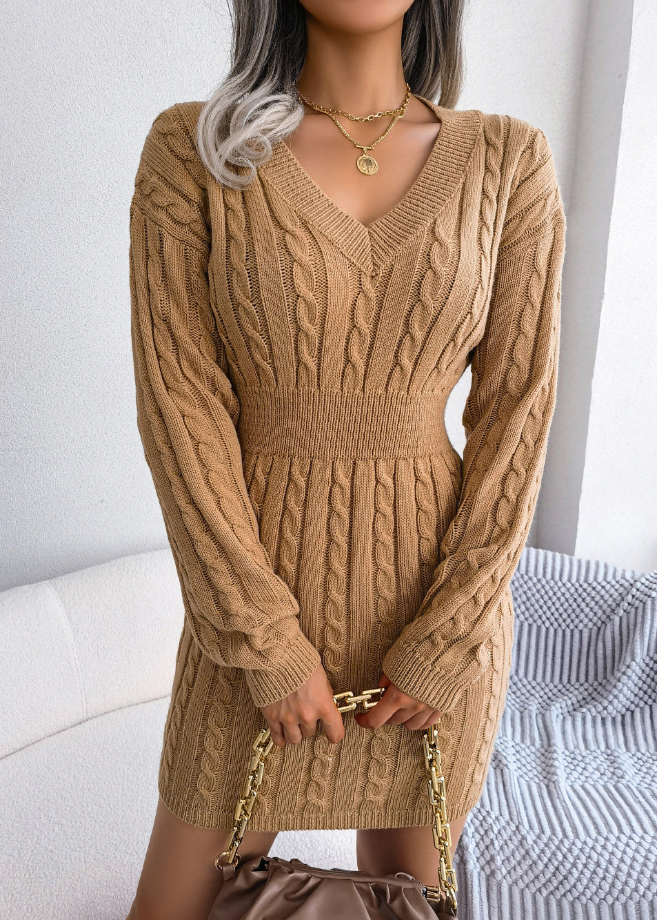 French White V Neck Slim Fit Knit Sweater Dress Fall