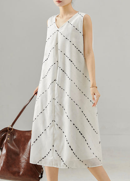 French White V Neck Striped Chiffon Dresses Sleeveless